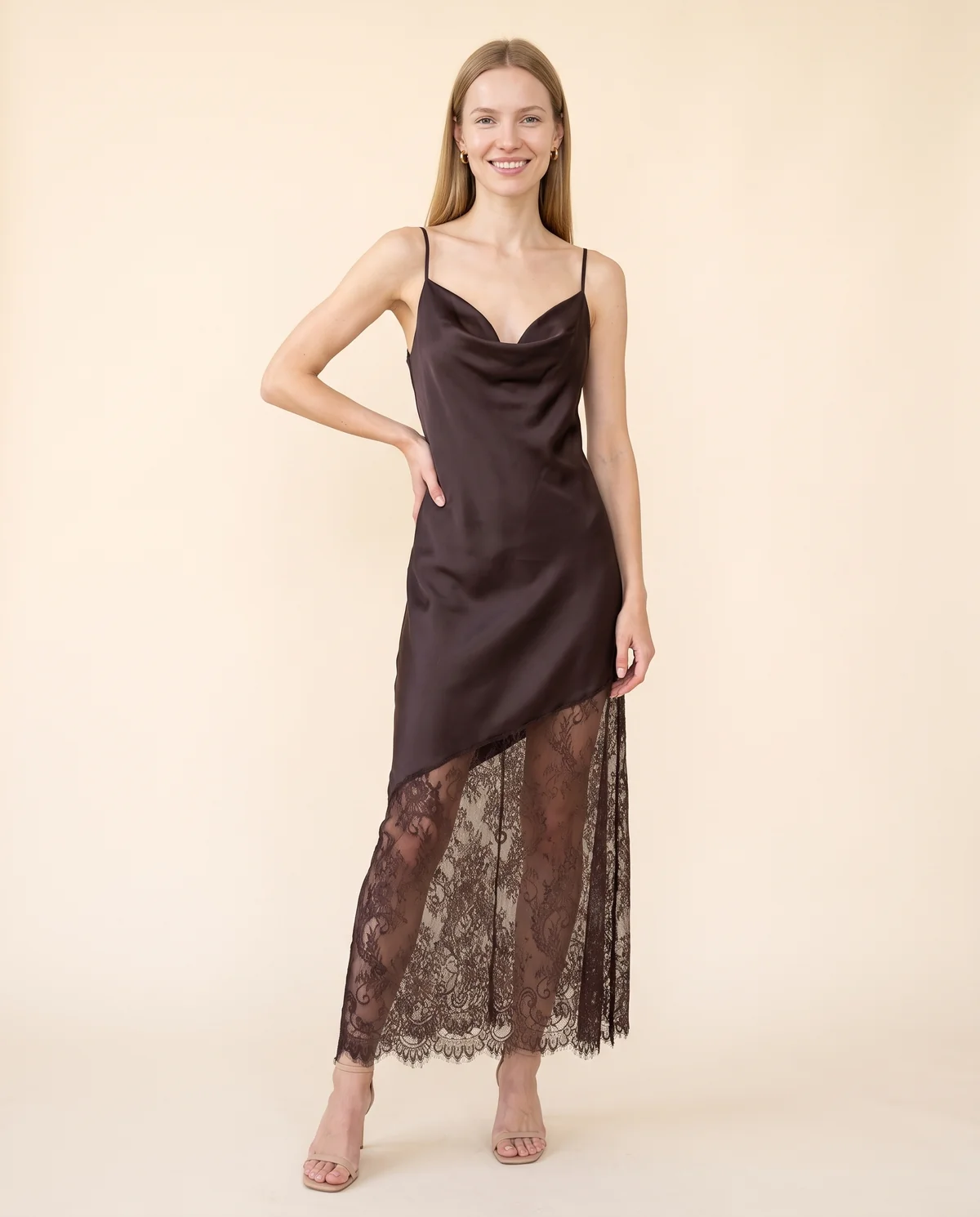 Lace and Satin Slip Maxi Dress in Chocolate, front view, worn by Maya