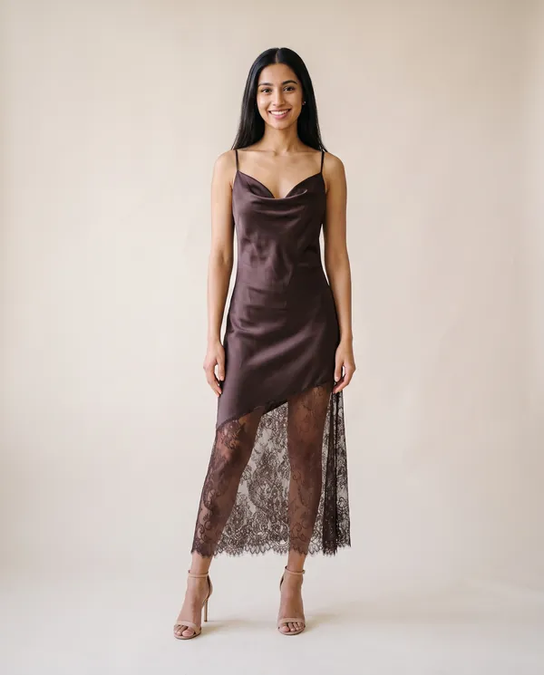 Lace and Satin Slip Maxi Dress in Chocolate, front view, worn by Priya