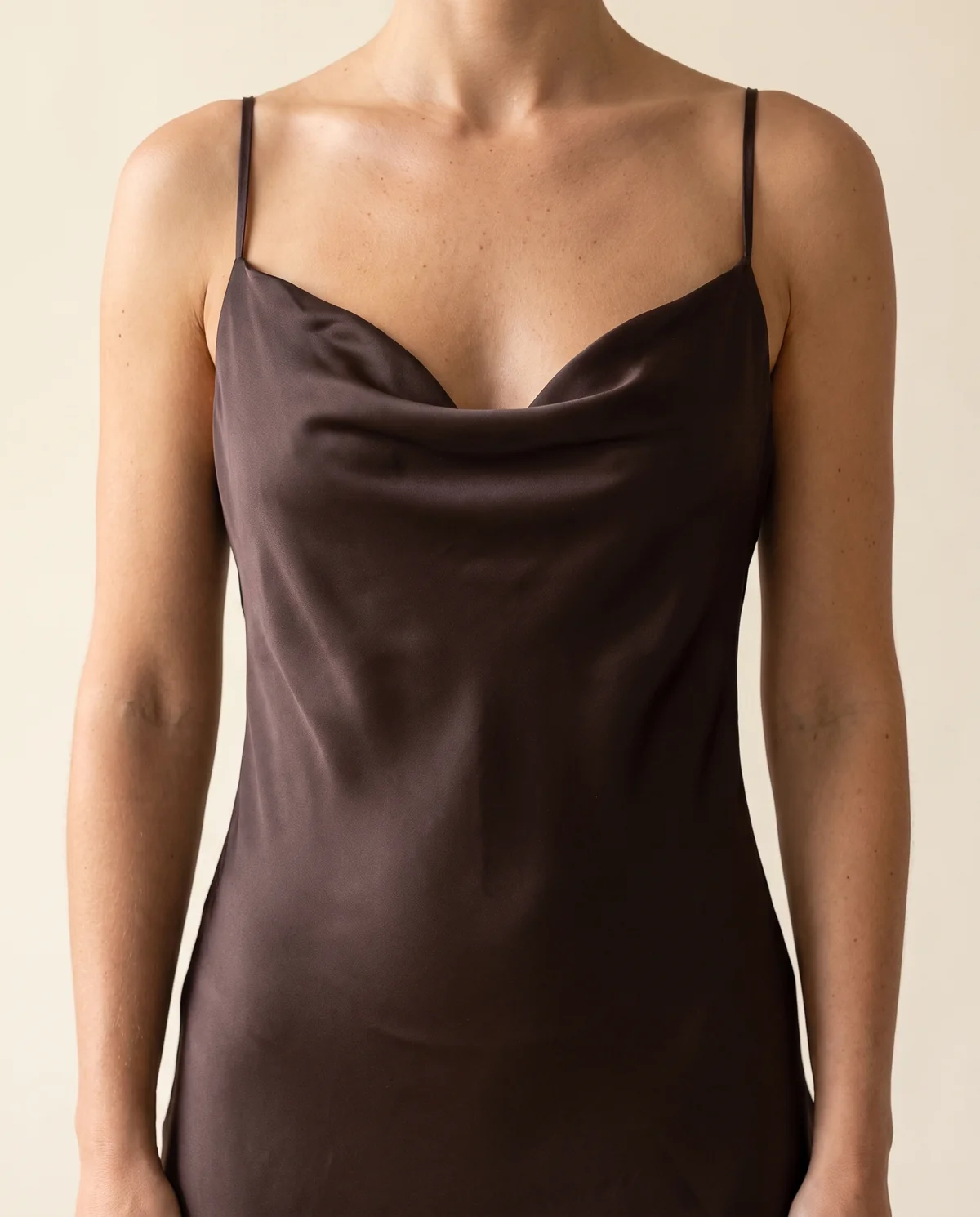 Lace and Satin Slip Maxi Dress in Chocolate, close-up of the detail