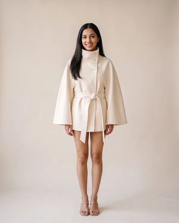Cape-Sleeve Trench Jacket in Cream, front view, worn by Priya