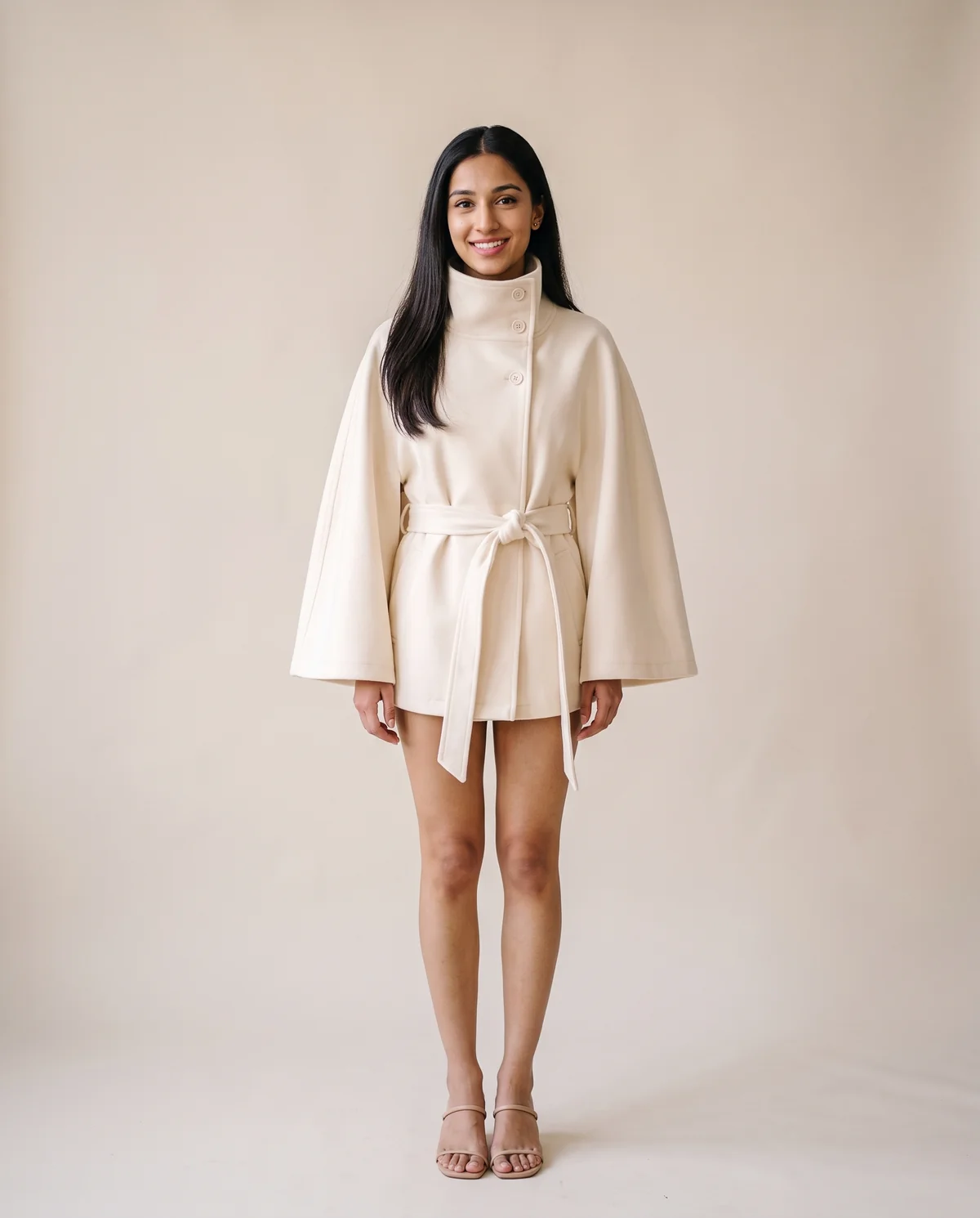 Cape-Sleeve Trench Jacket in Cream, front view, worn by Priya