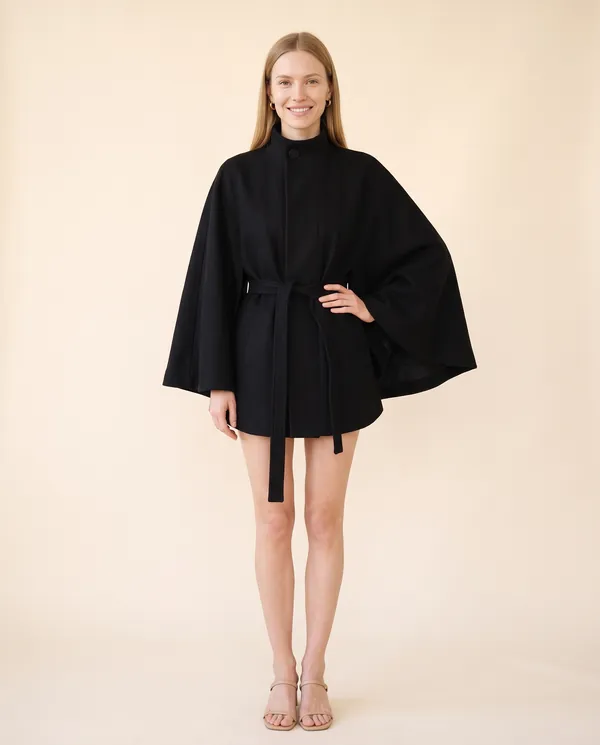 Wool-Look Cape Jacket in Black, front view, worn by Maya