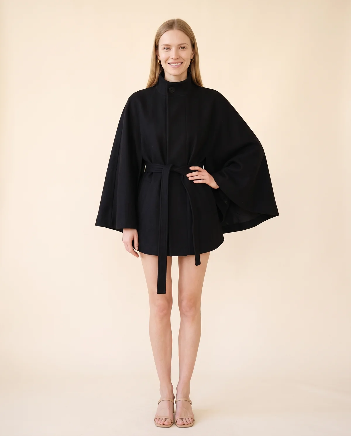 Wool-Look Cape Jacket in Black, front view, worn by Maya