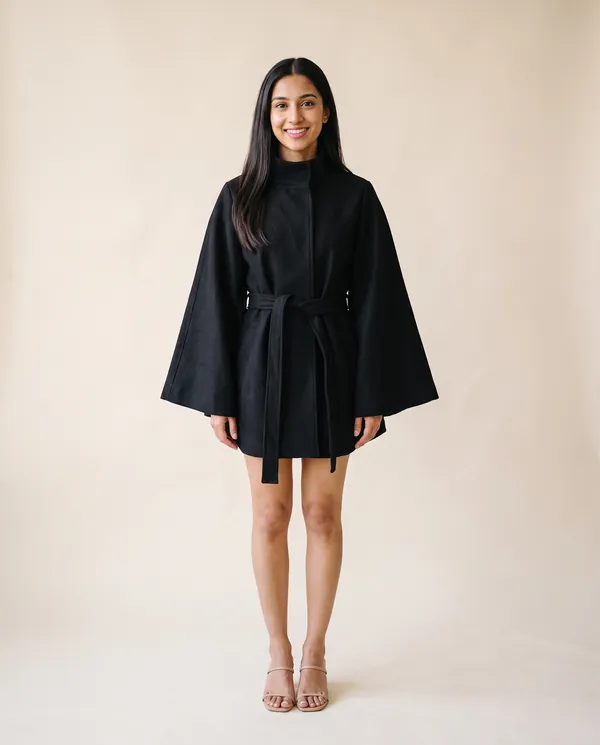 Wool-Look Cape Jacket in Black, front view, worn by Priya