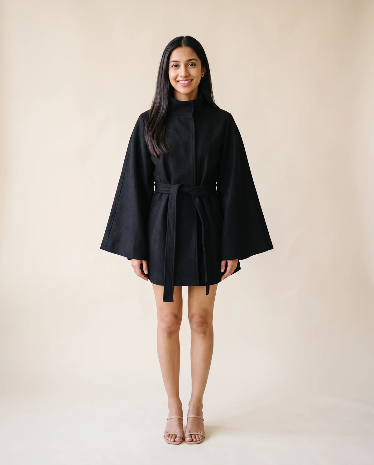Wool-Look Cape Jacket in Black, front view, worn by Priya