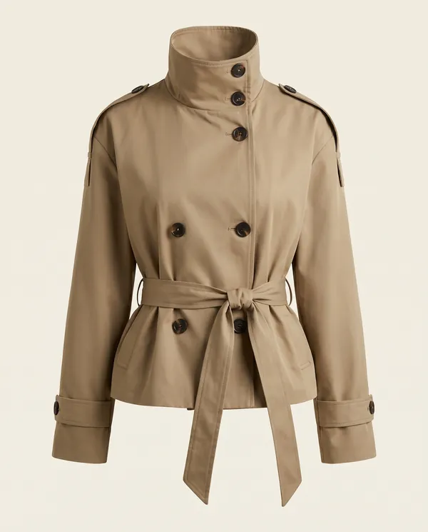 Short Belted Trench Jacket in Khaki, product shot on a plain background