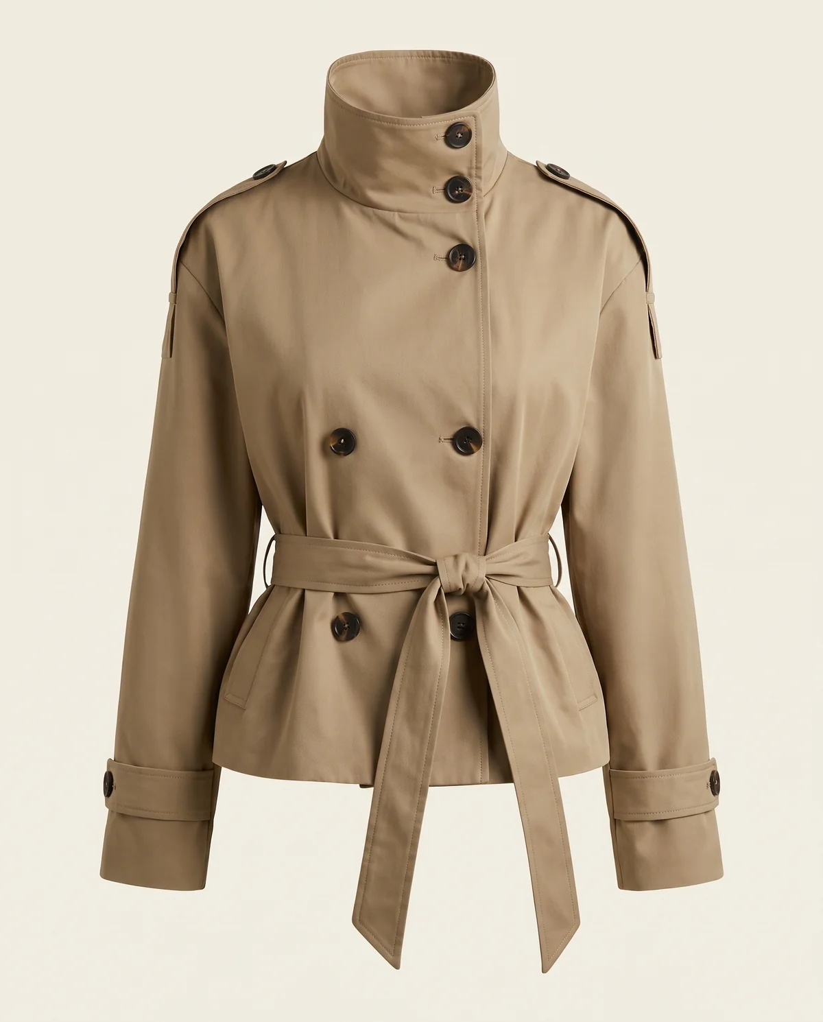 Short Belted Trench Jacket in Khaki, product shot on a plain background
