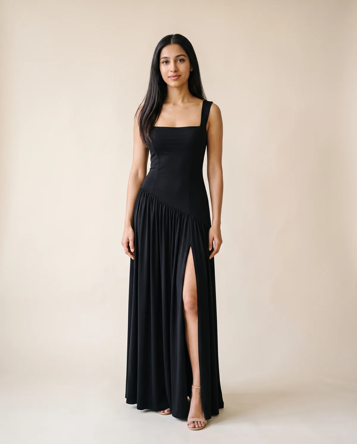 Square-Neck Pleated Slit Maxi Dress in Black, front view, worn by Priya