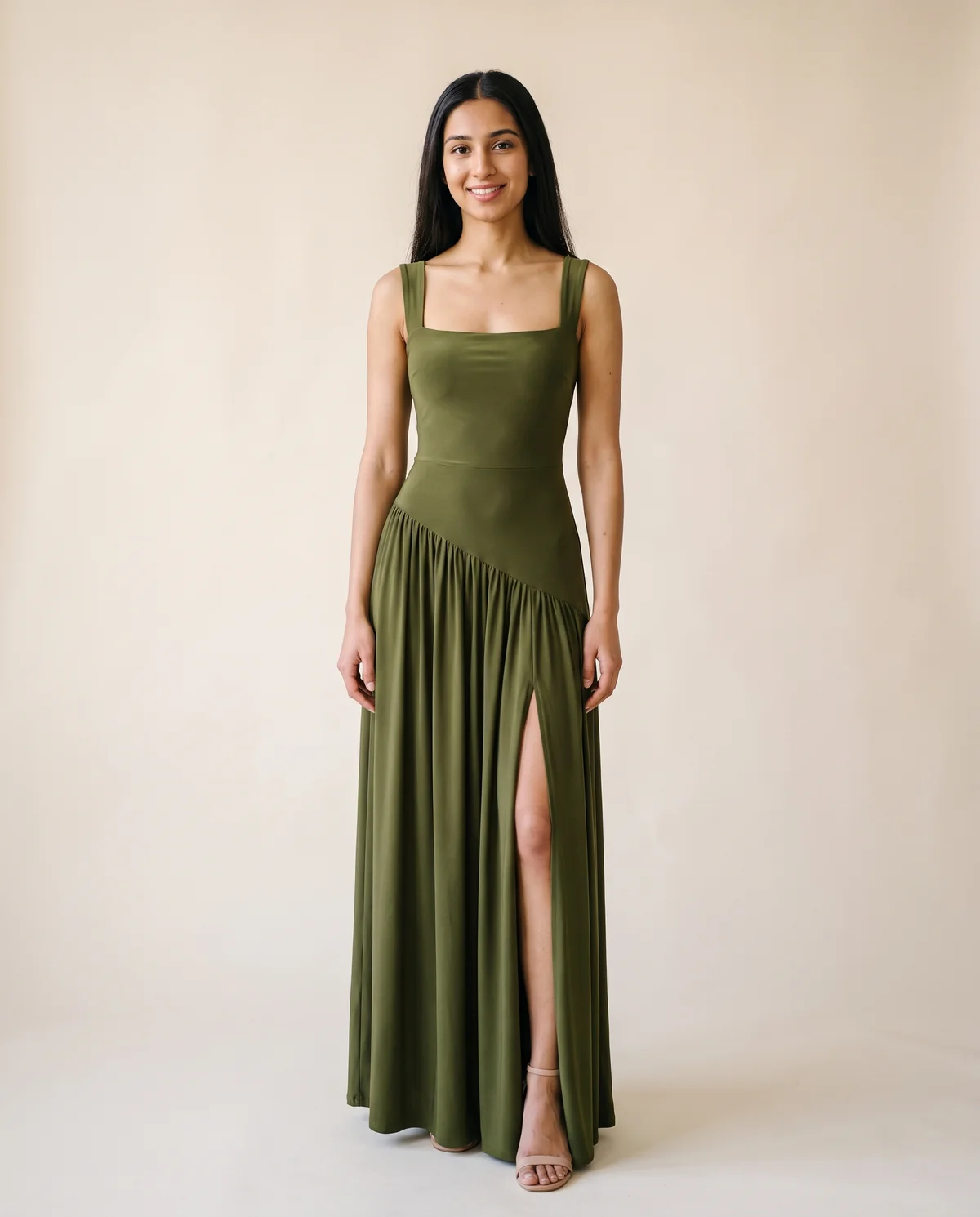 Square-Neck Pleated Slit Maxi Dress in Olive, front view, worn by Priya