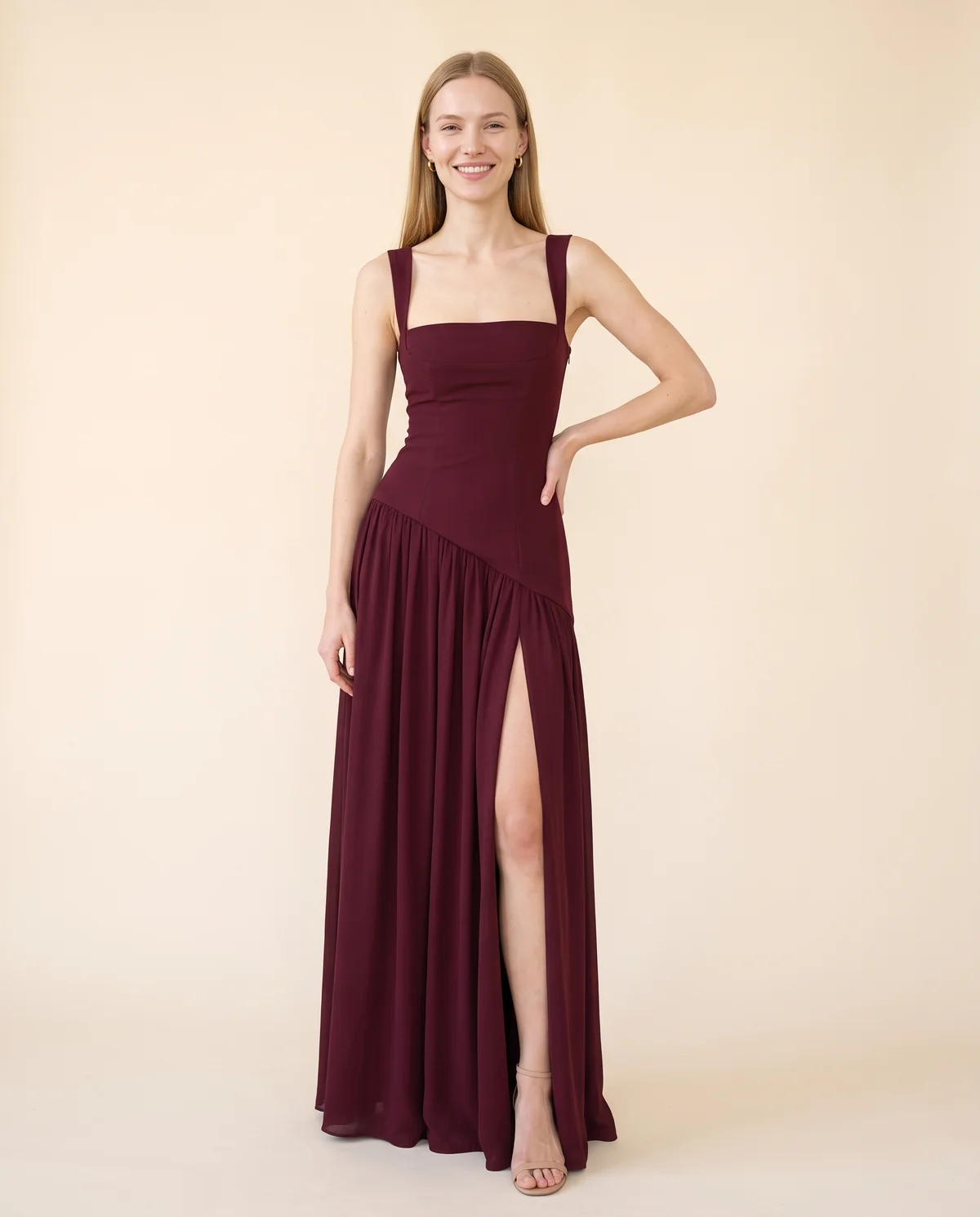 Square-Neck Pleated Slit Maxi Dress in Wine, front view, worn by Maya
