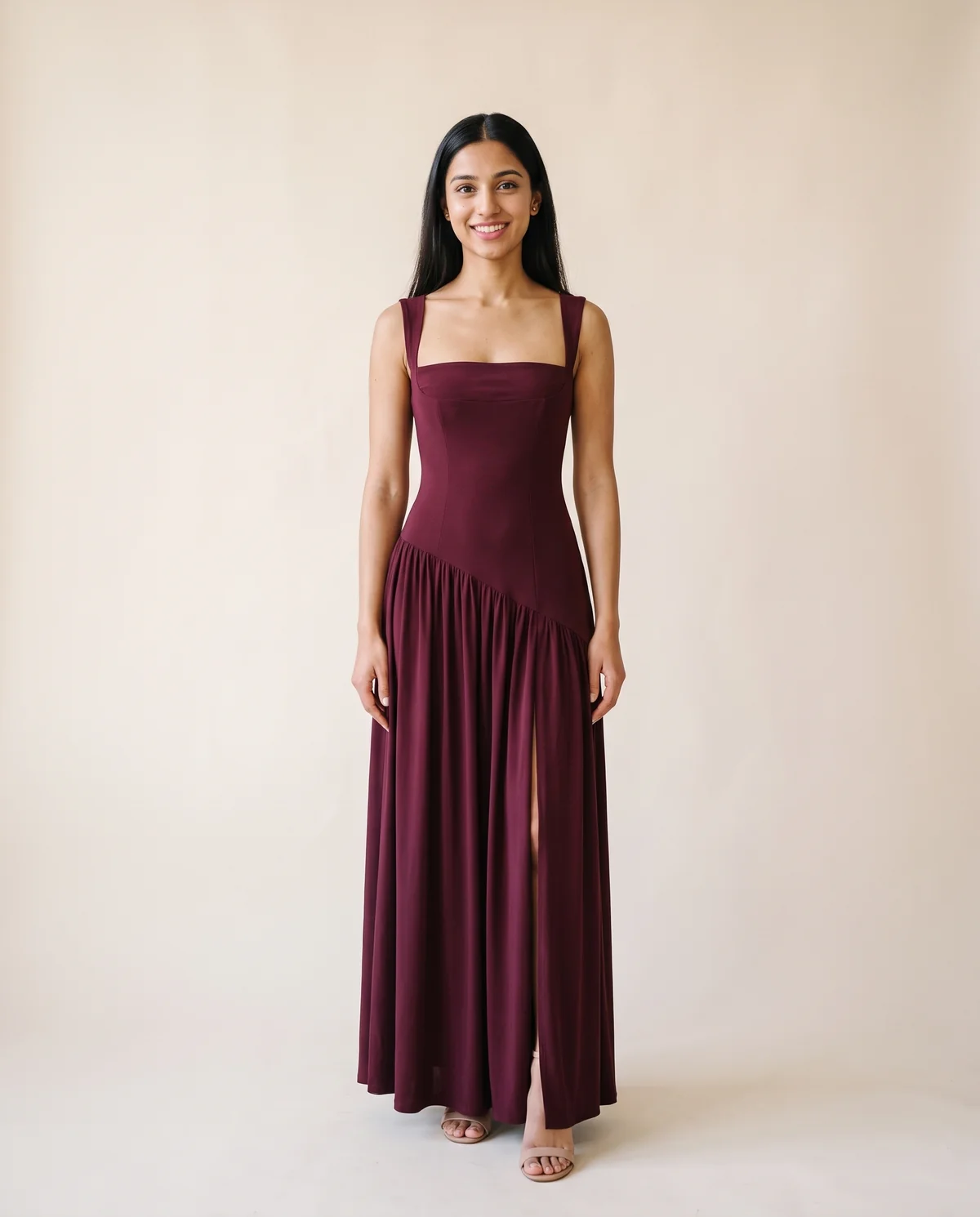 Square-Neck Pleated Slit Maxi Dress in Wine, front view, worn by Priya