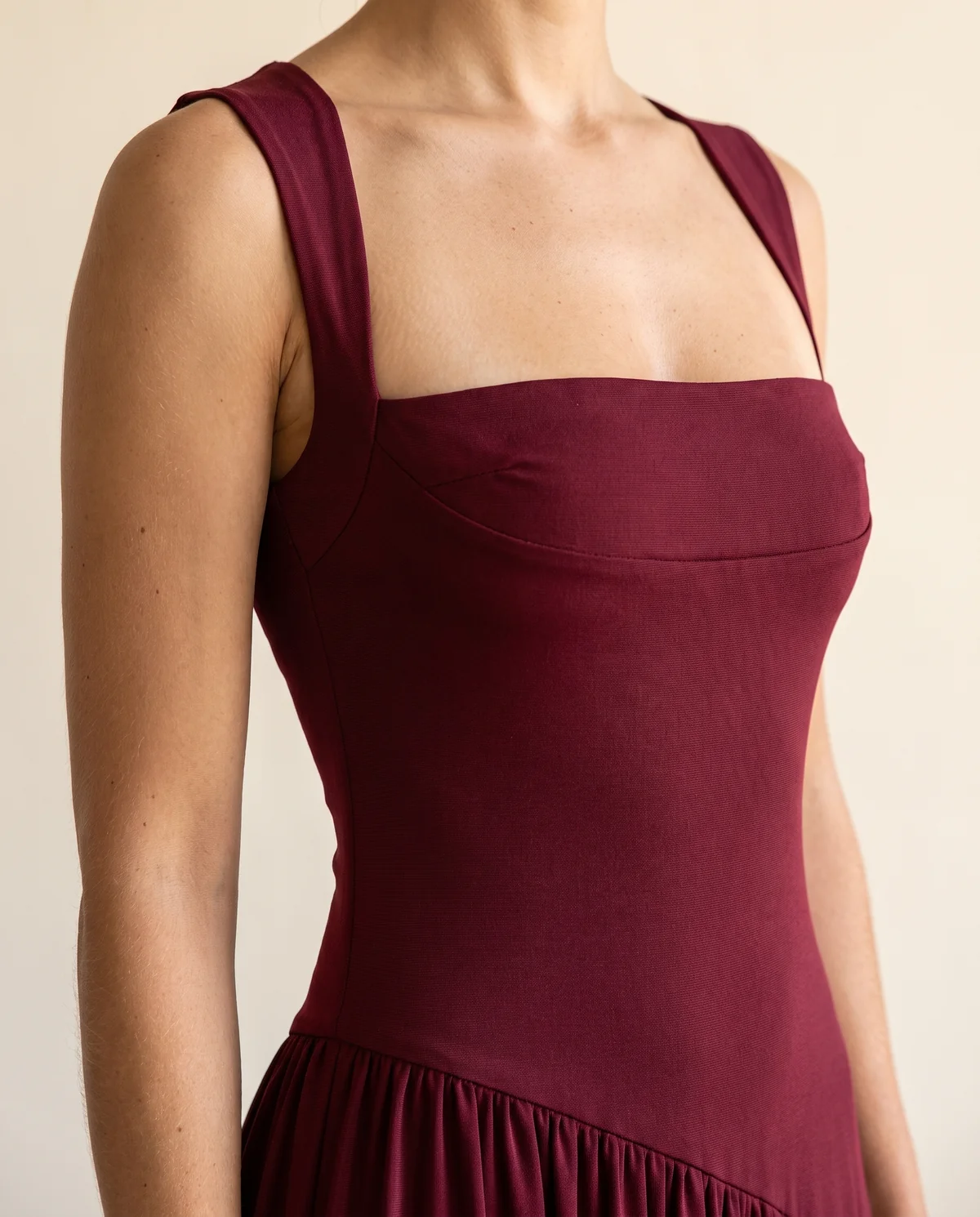 Square-Neck Pleated Slit Maxi Dress in Wine, close-up of the detail