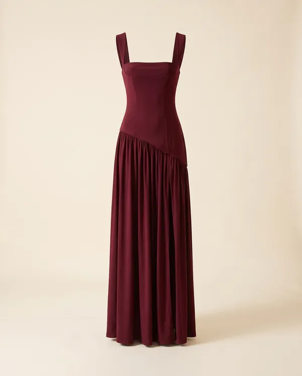 Square-Neck Pleated Slit Maxi Dress in Wine, product shot on a plain background