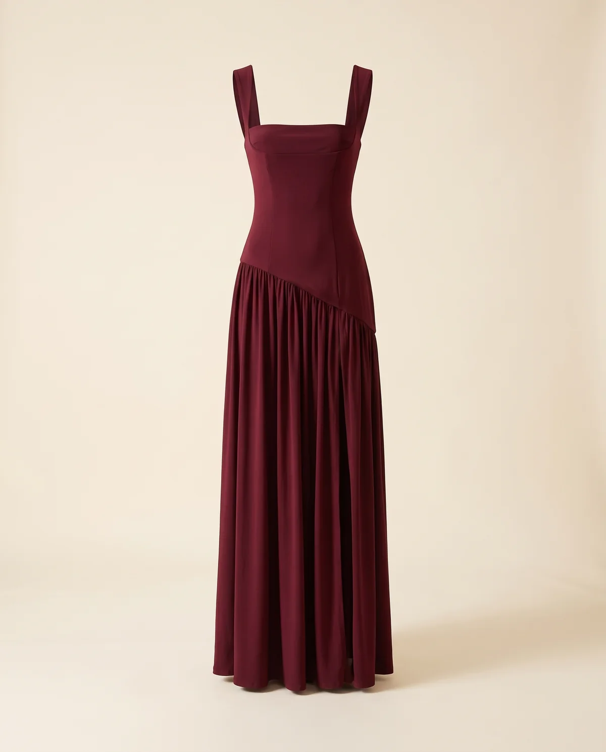 Square-Neck Pleated Slit Maxi Dress in Wine, product shot on a plain background