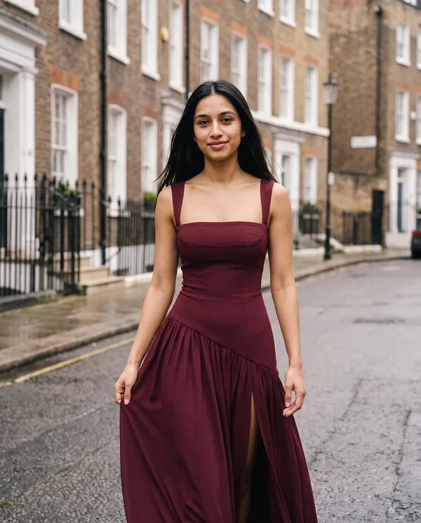 Satin Eve styling: Square-Neck Pleated Slit Maxi Dress