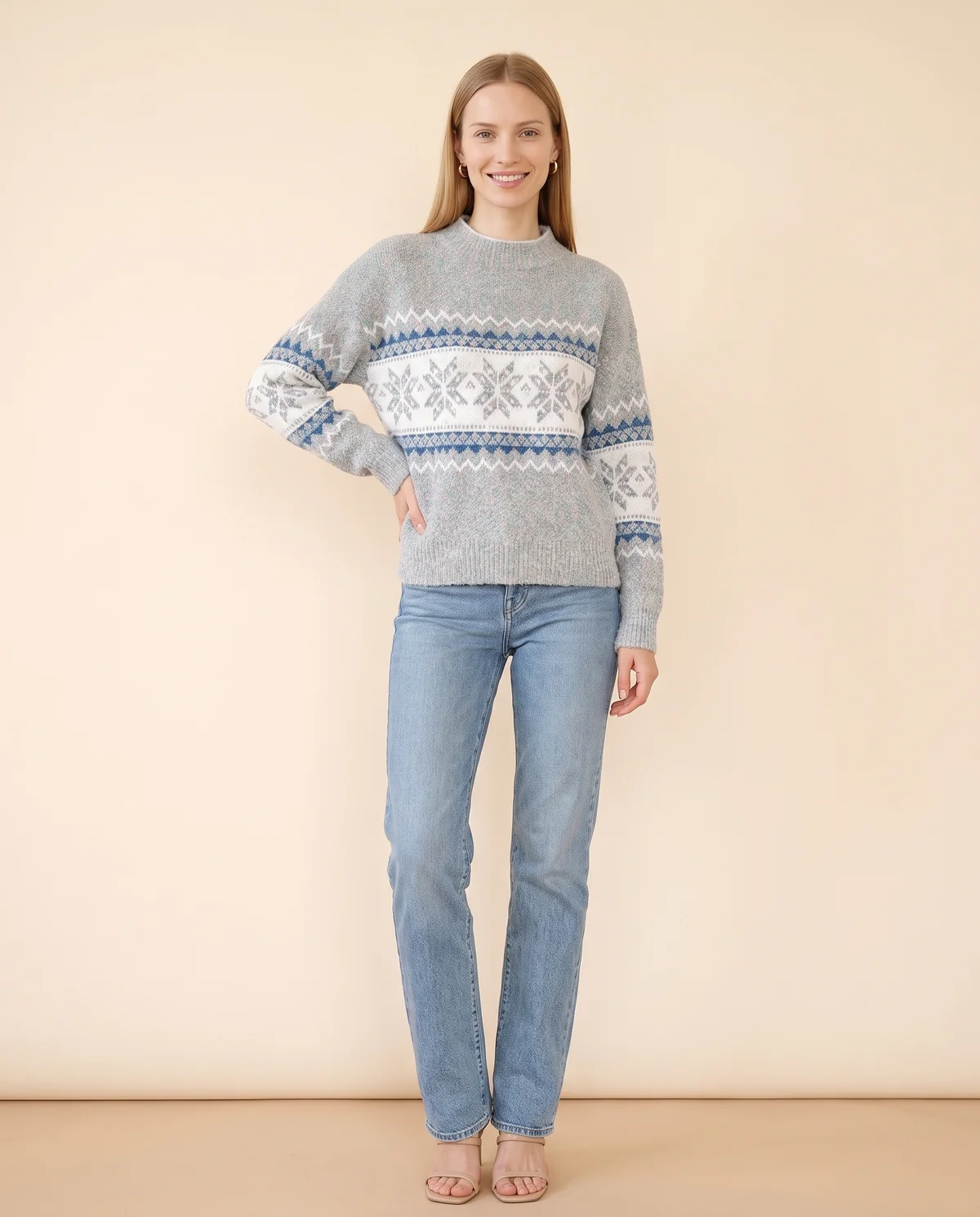 Chenille Snowflake Fair Isle Jumper in Grey Blue, front view, worn by Maya