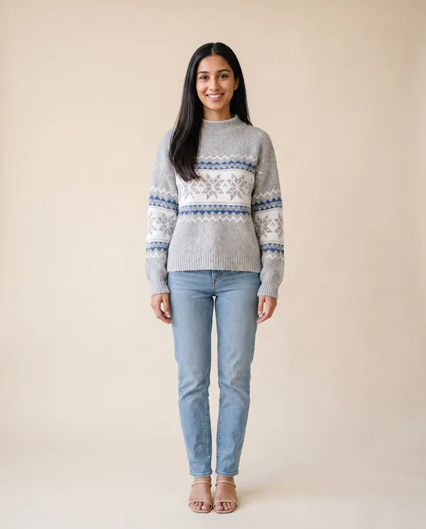 Chenille Snowflake Fair Isle Jumper in Grey Blue, front view, worn by Priya