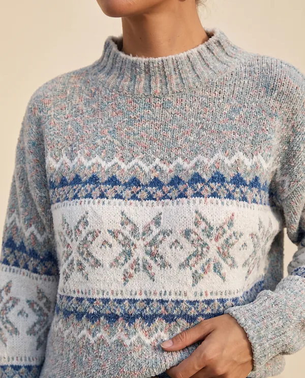 Chenille Snowflake Fair Isle Jumper in Grey Blue, close-up of the detail
