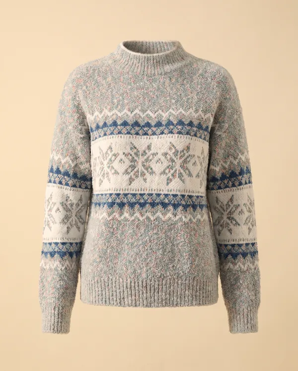Chenille Snowflake Fair Isle Jumper in Grey Blue, product shot on a plain background
