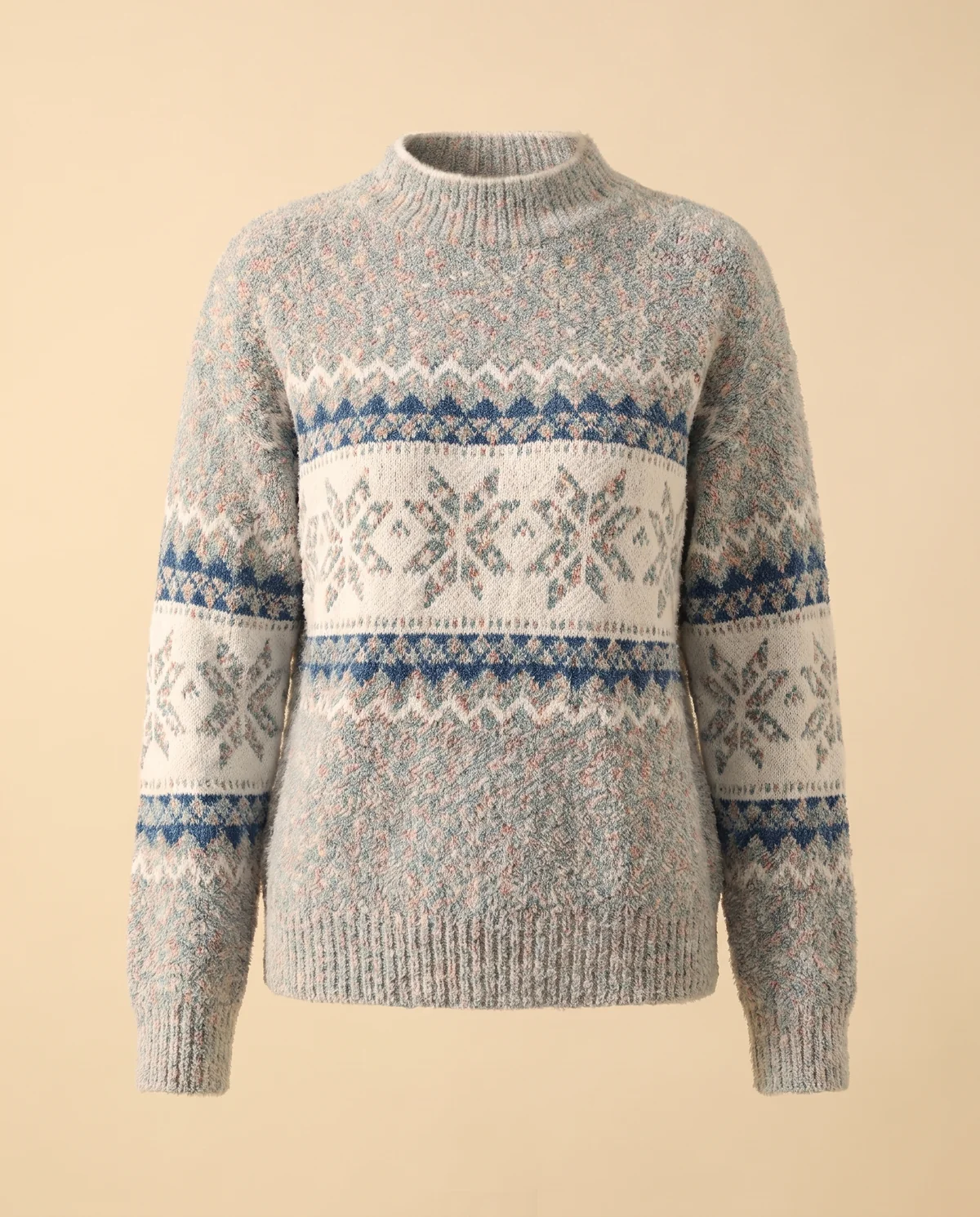 Chenille Snowflake Fair Isle Jumper in Grey Blue, product shot on a plain background