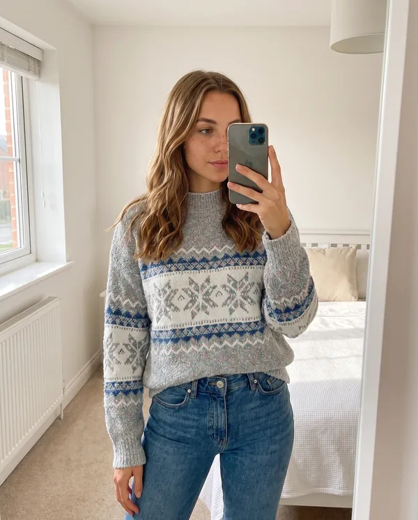 Satin Eve styling: Chenille Snowflake Fair Isle Jumper