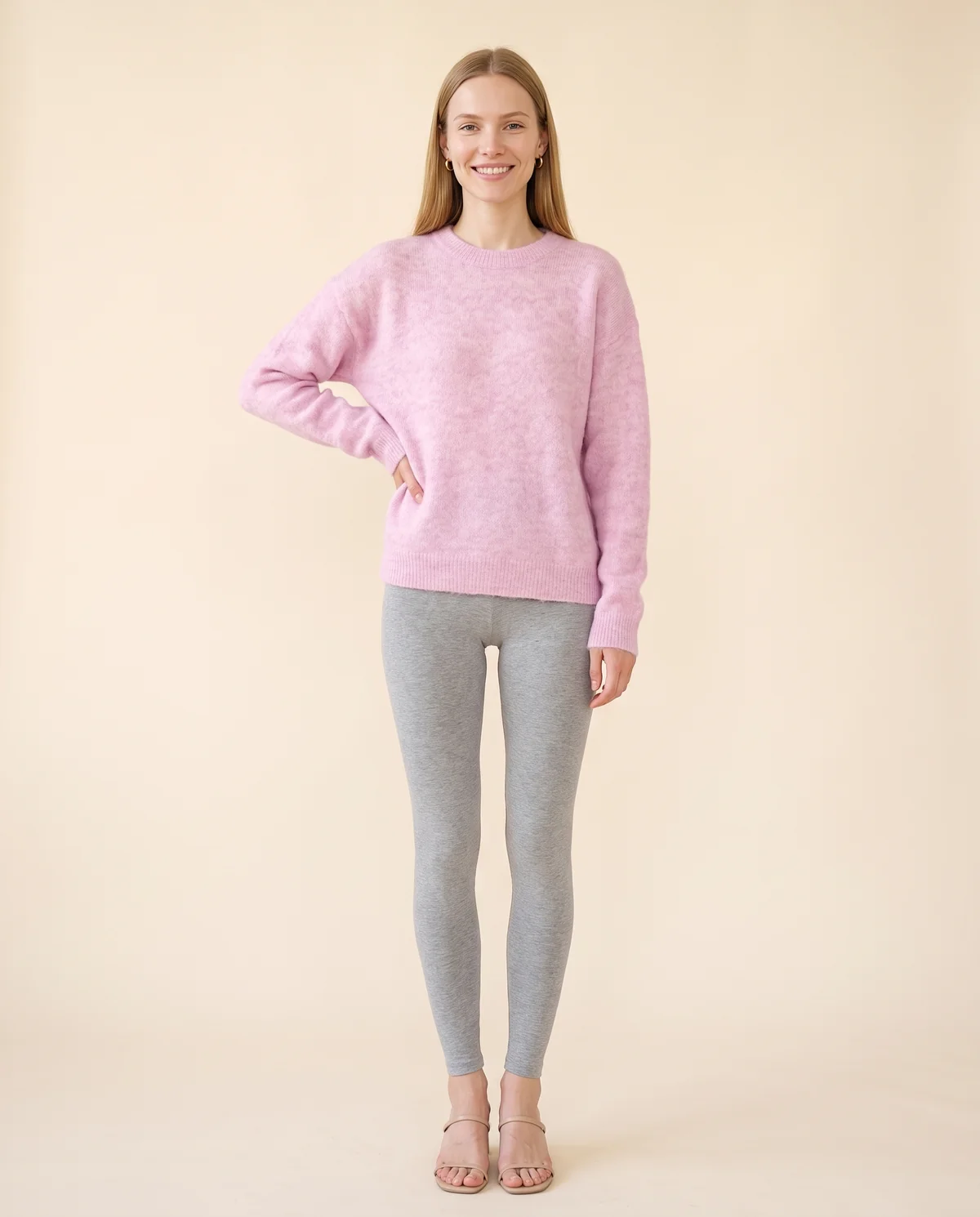 Brushed Knit Crew Neck Jumper in Lilac Pink, front view, worn by Maya