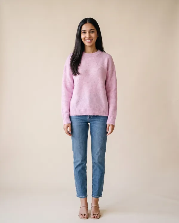 Brushed Knit Crew Neck Jumper in Lilac Pink, front view, worn by Priya