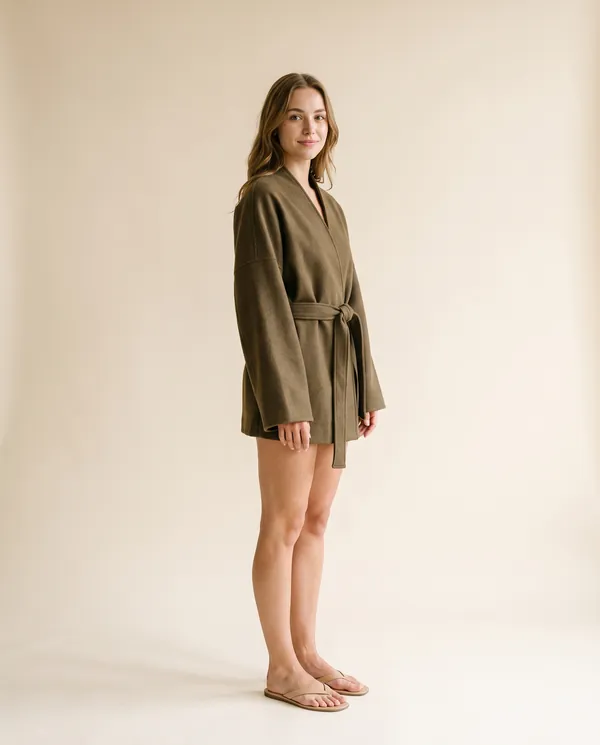 Collarless Wrap Jacket in Olive Brown, side view, worn by Ava