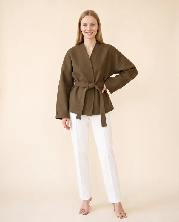 Collarless Wrap Jacket in Olive Brown, front view, worn by Maya