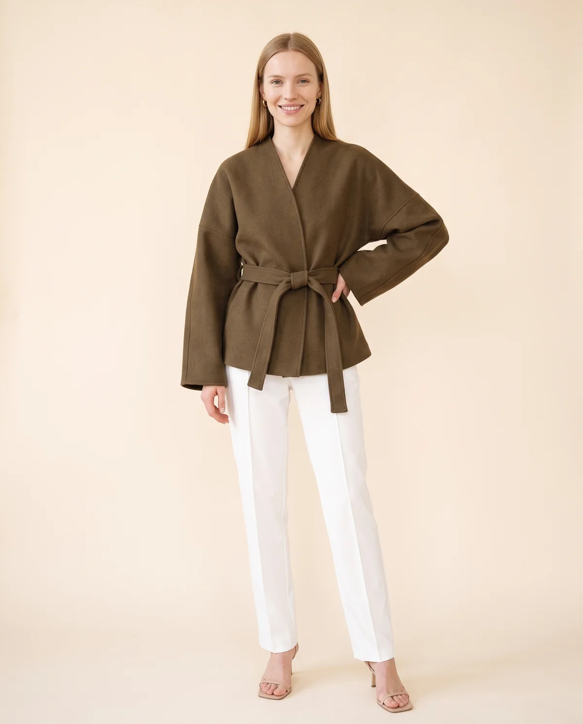 Collarless Wrap Jacket in Olive Brown, front view, worn by Maya