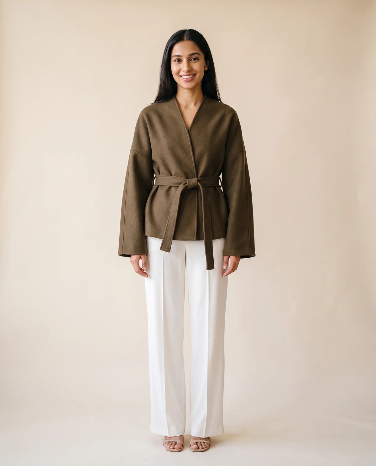 Collarless Wrap Jacket in Olive Brown, front view, worn by Priya