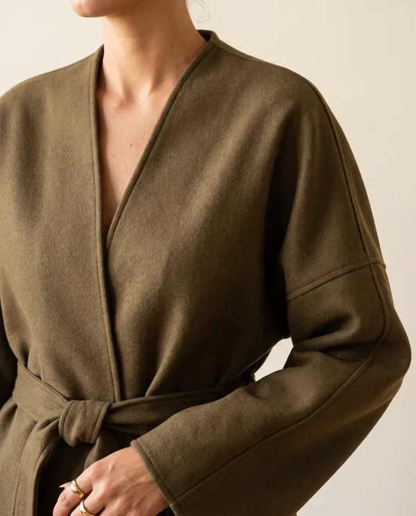 Collarless Wrap Jacket in Olive Brown, close-up of the detail