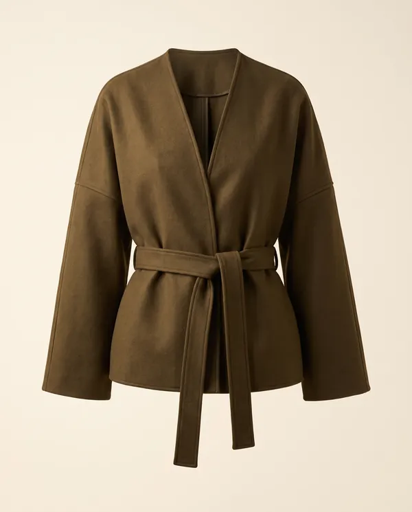 Collarless Wrap Jacket in Olive Brown, product shot on a plain background