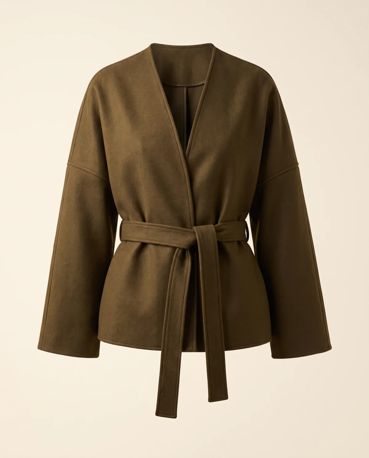 Collarless Wrap Jacket in Olive Brown, product shot on a plain background