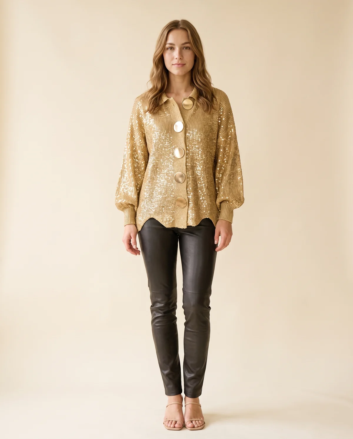 Gold Sequin Knit Jacket in Gold, front view, worn by Ava