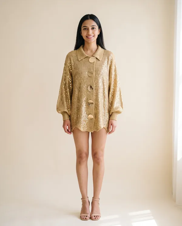 Gold Sequin Knit Jacket in Gold, front view, worn by Priya