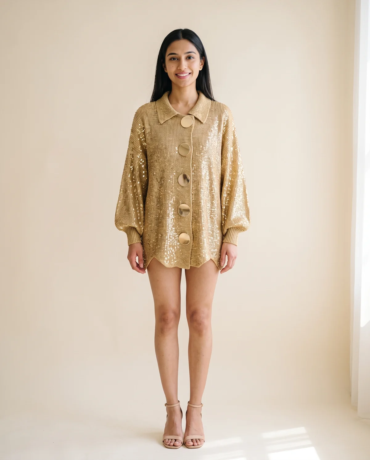 Gold Sequin Knit Jacket in Gold, front view, worn by Priya