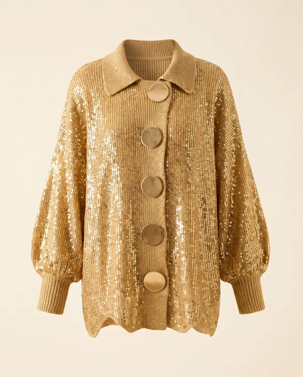 Gold Sequin Knit Jacket in Gold, product shot on a plain background