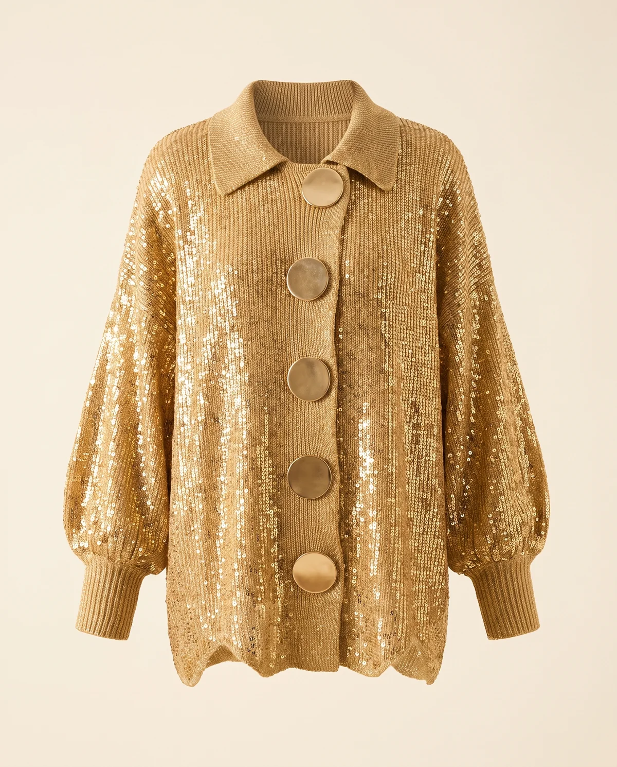 Gold Sequin Knit Jacket in Gold, product shot on a plain background