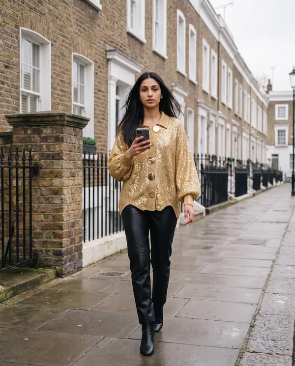Satin Eve styling: Gold Sequin Knit Jacket