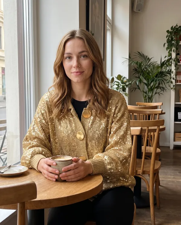 Satin Eve styling: Gold Sequin Knit Jacket