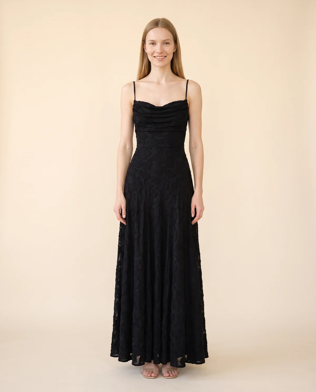 Textured Jacquard Cowl-Neck Cami Maxi Dress in Black, front view, worn by Maya