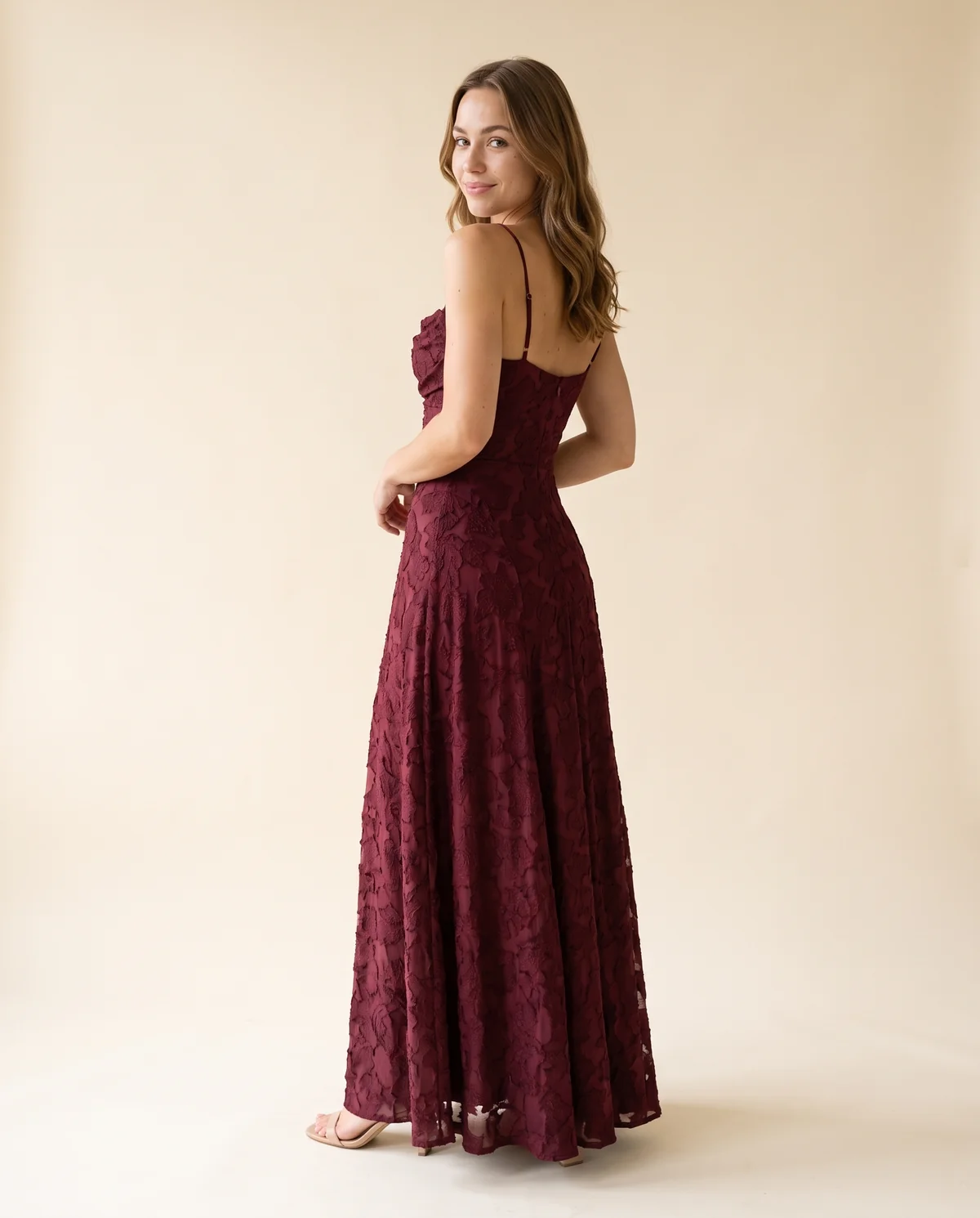 Textured Jacquard Cowl-Neck Cami Maxi Dress in Wine, back view, worn by Ava