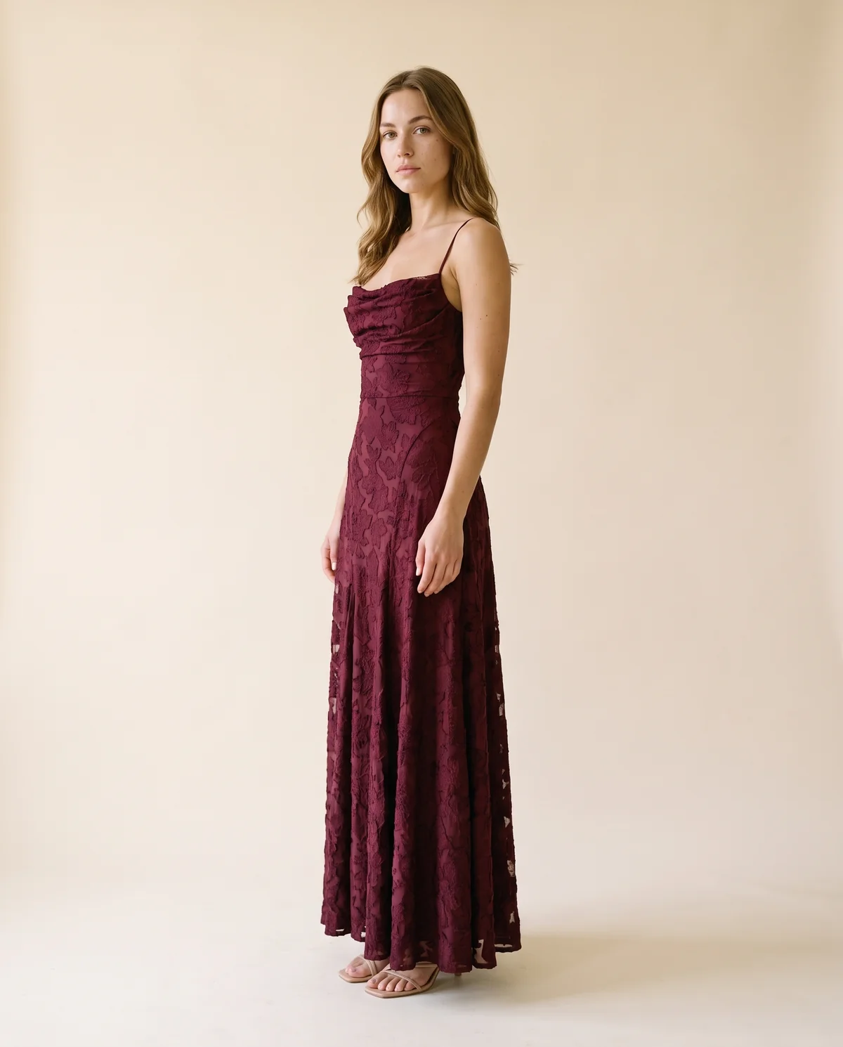 Textured Jacquard Cowl-Neck Cami Maxi Dress in Wine, side view, worn by Ava