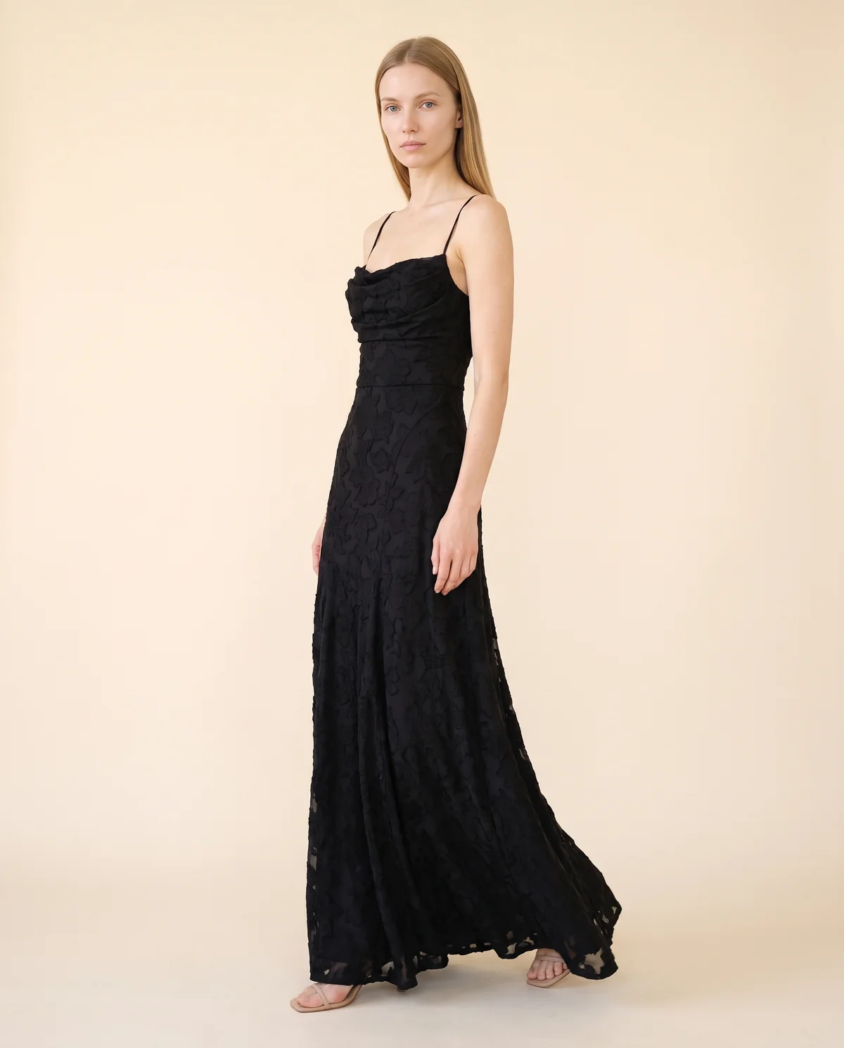 Textured Jacquard Cowl-Neck Cami Maxi Dress in Black, side view, worn by Maya
