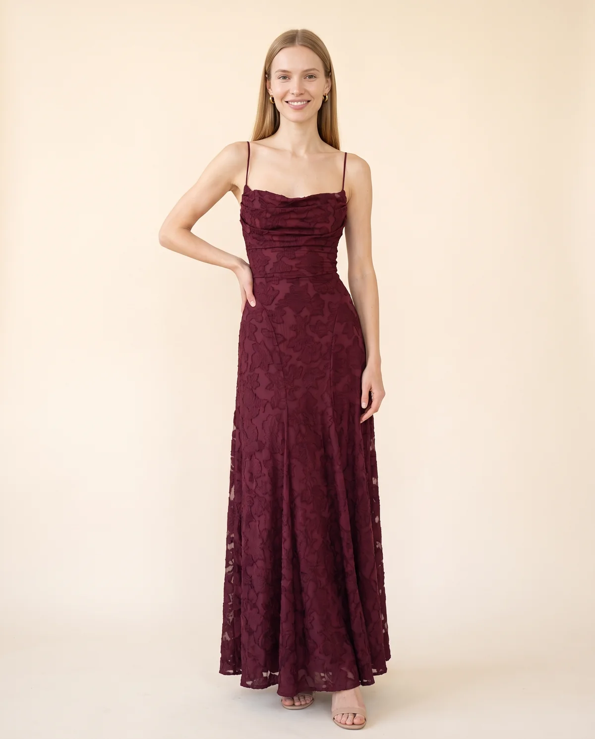 Textured Jacquard Cowl-Neck Cami Maxi Dress in Wine, front view, worn by Maya