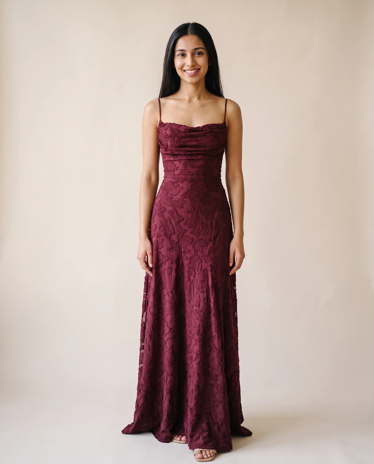 Textured Jacquard Cowl-Neck Cami Maxi Dress in Wine, front view, worn by Priya