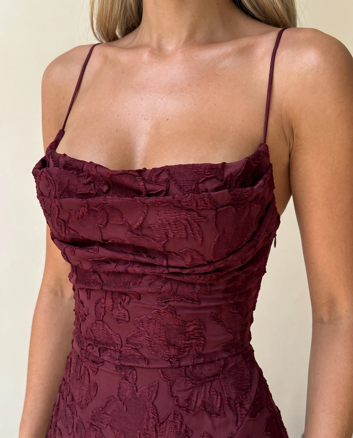 Textured Jacquard Cowl-Neck Cami Maxi Dress in Wine, close-up of the detail