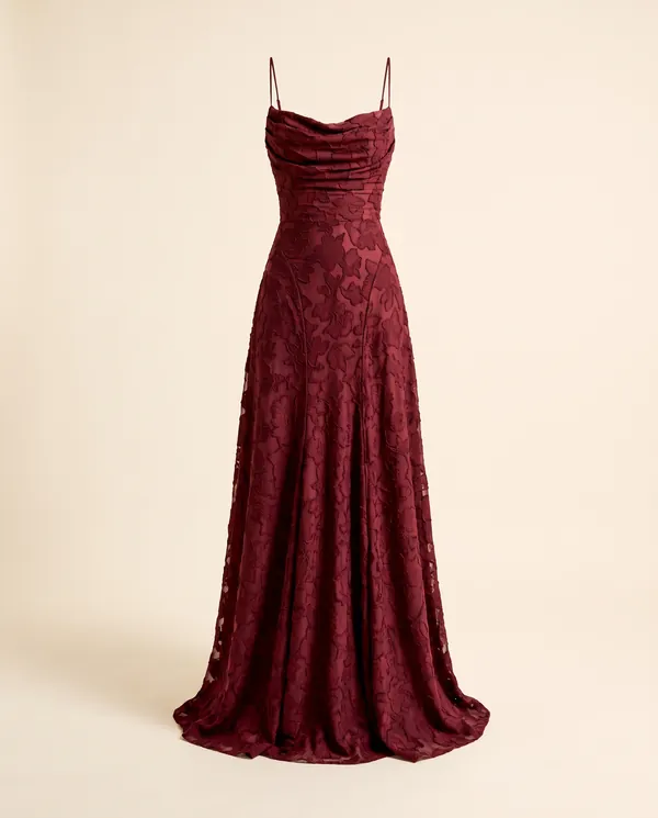 Textured Jacquard Cowl-Neck Cami Maxi Dress in Wine, product shot on a plain background