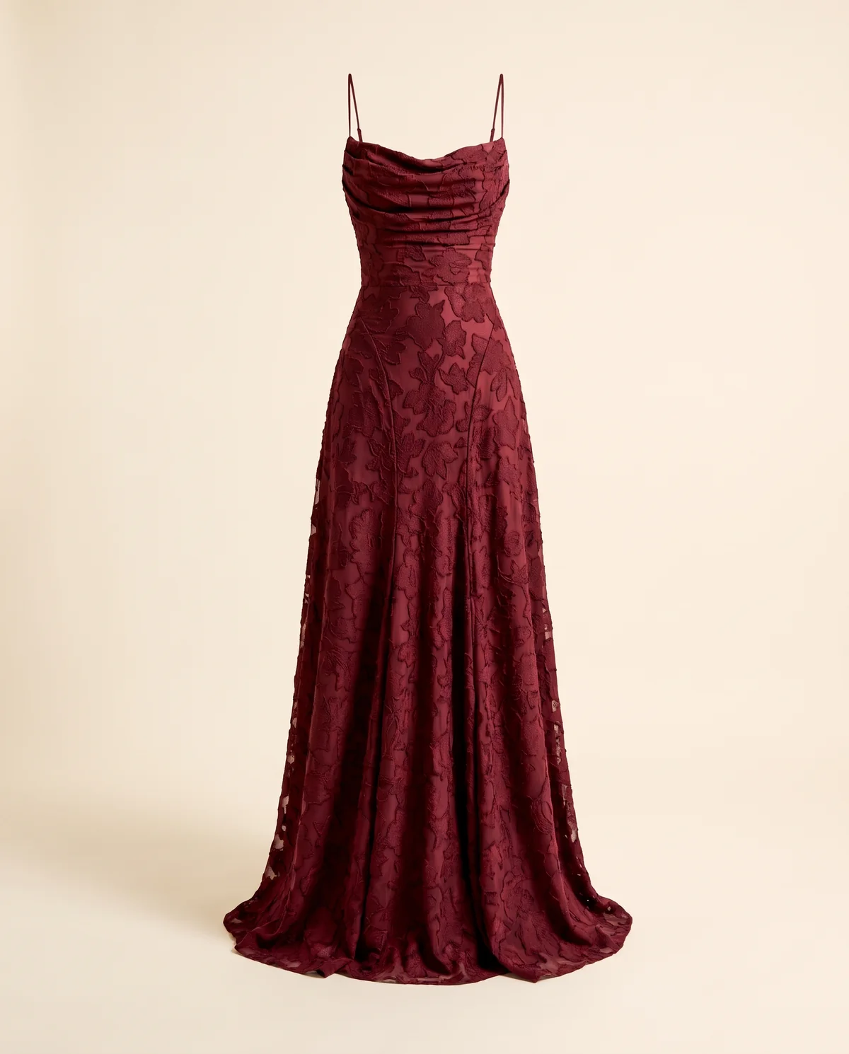 Textured Jacquard Cowl-Neck Cami Maxi Dress in Wine, product shot on a plain background